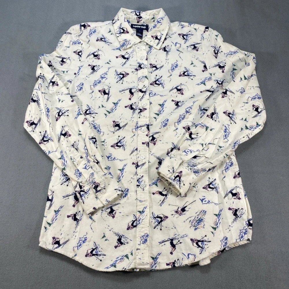 Lands End Women's Flannel Cream Button Down Skier Graphic Small Mountains‎